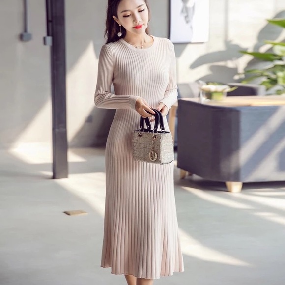 Knit dress beige long sleeve womens sweater cream rib knit dress - Picture 5 of 5